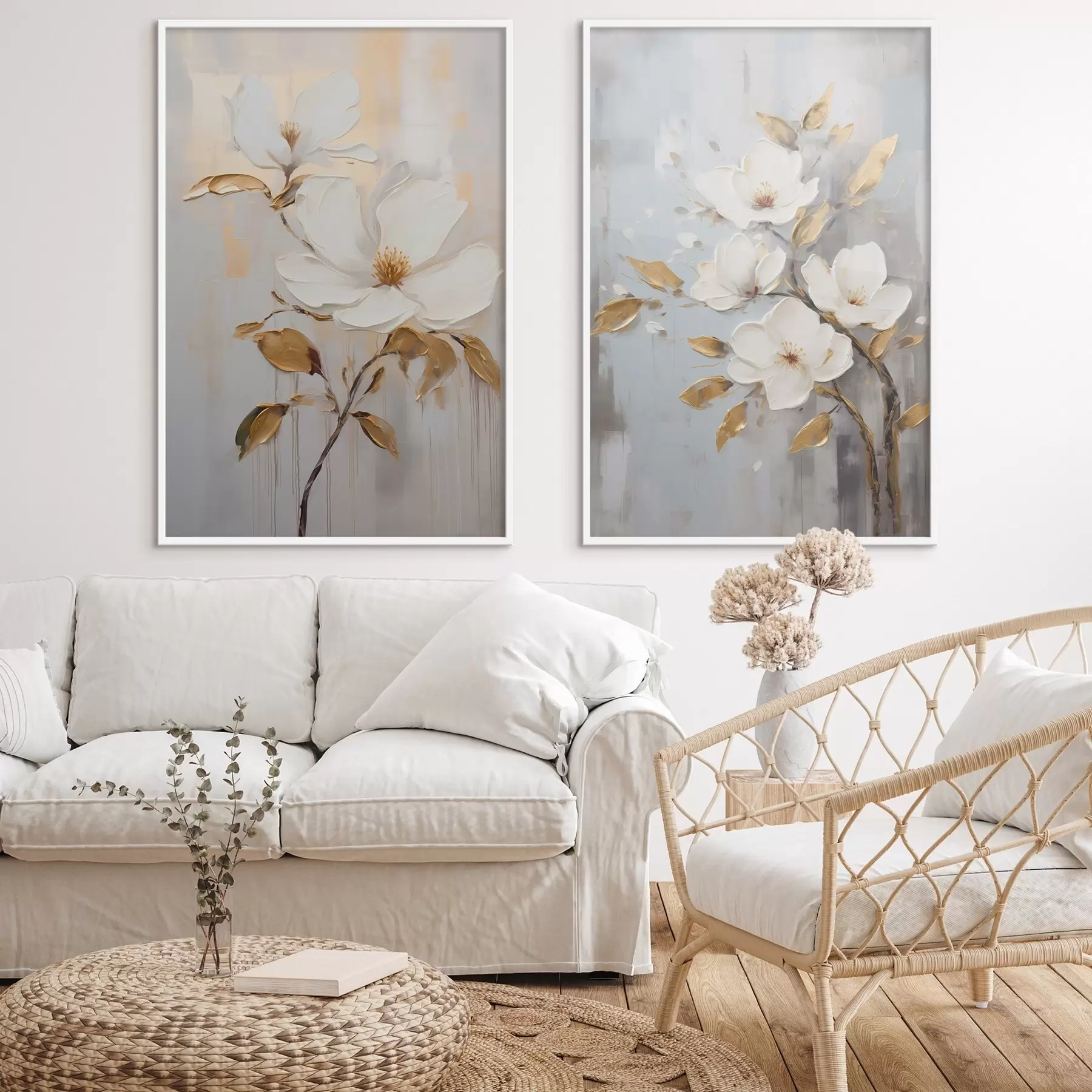 fotószőnyeg Két fehér virág sárga-narancssárga levelekkel világos háttéren d00687