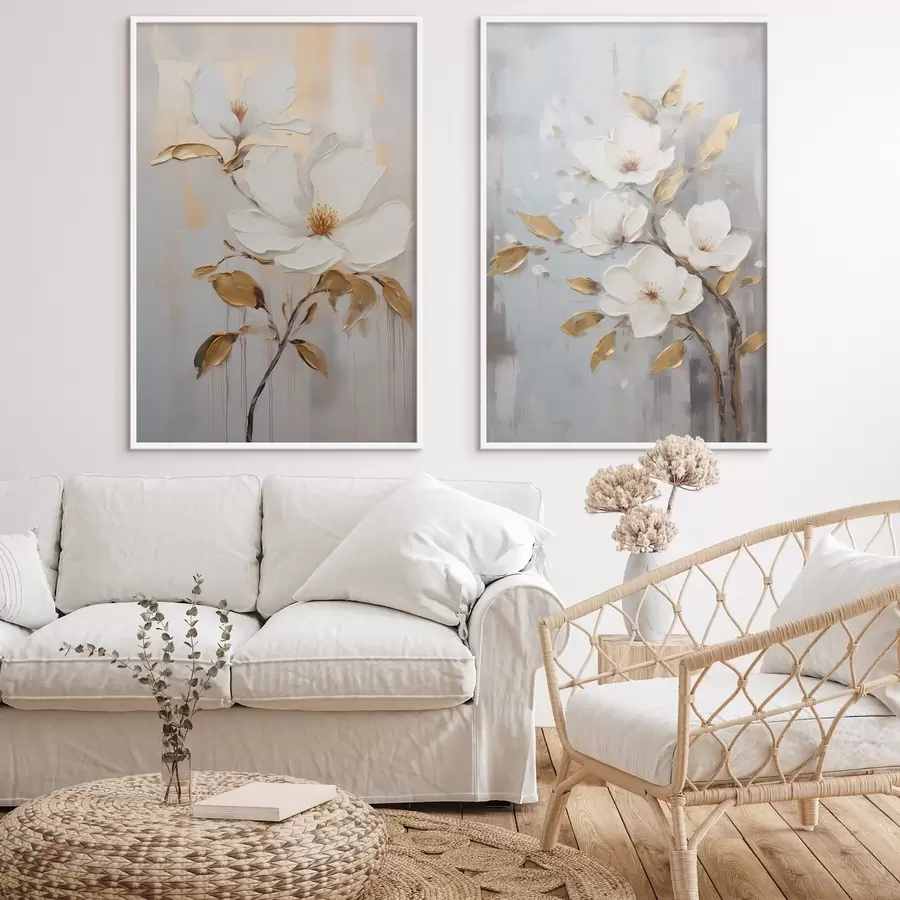 fotószőnyeg Két fehér virág sárga-narancssárga levelekkel világos háttéren d00687