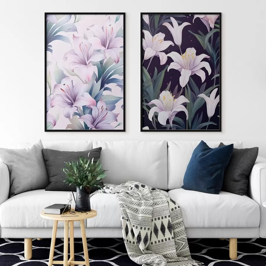 fotószőnyeg Finom rózsaszín liliom zöld levelekkel világos és sötét háttéren d00689