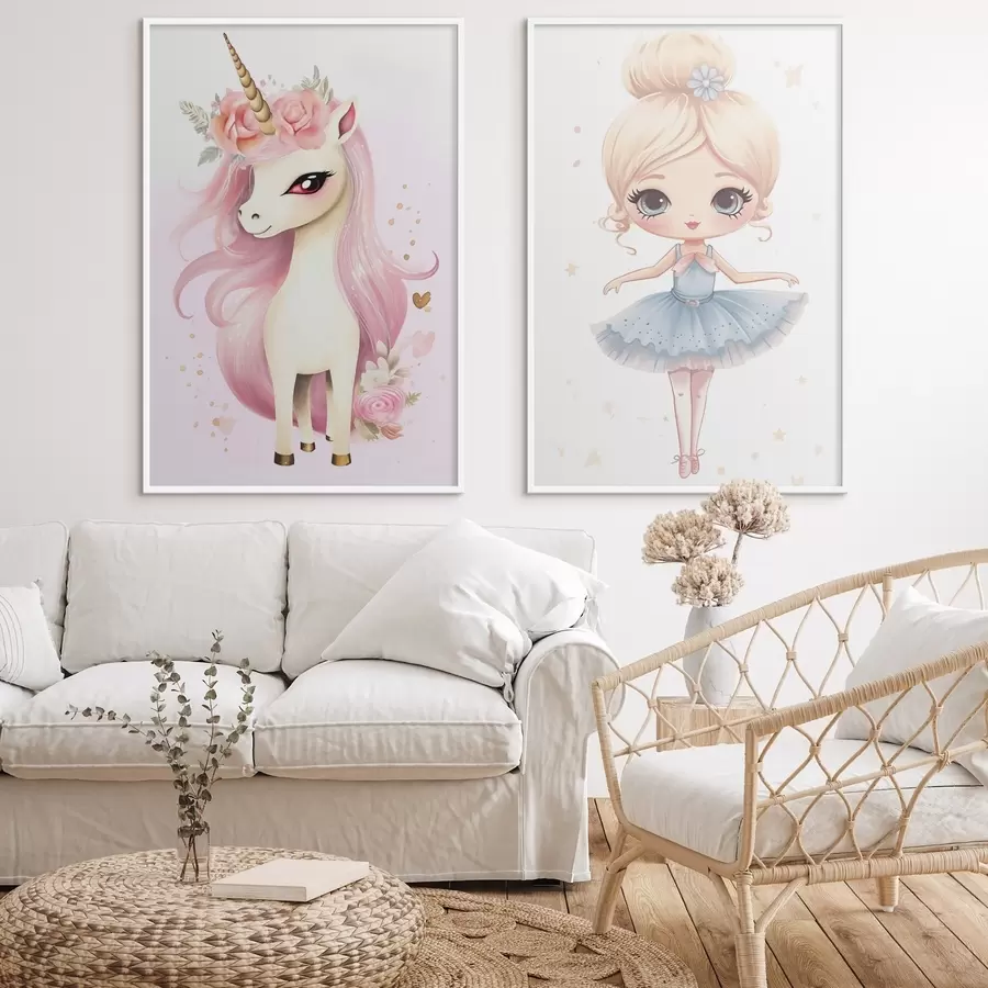 fotószőnyeg Balerina baba kék ruhában és rózsaszín sörényű egyszarvúval d00692