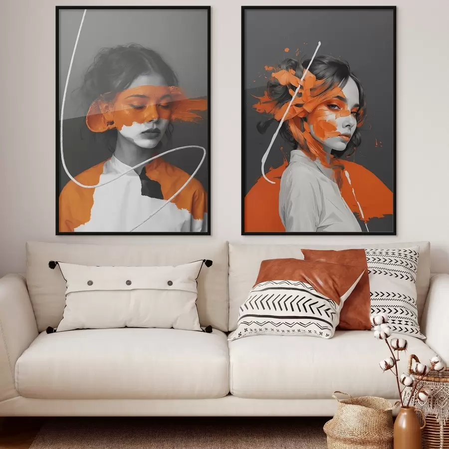 fotószőnyeg Portrék lányok absztrakt narancssárga ecsetvonásokkal d00693