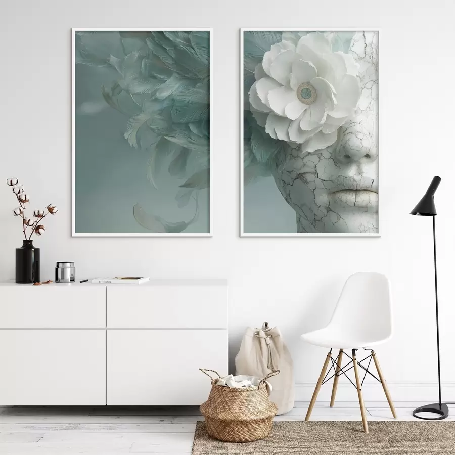 fotószőnyeg márványarcú lány virággal és tollakkal d00699