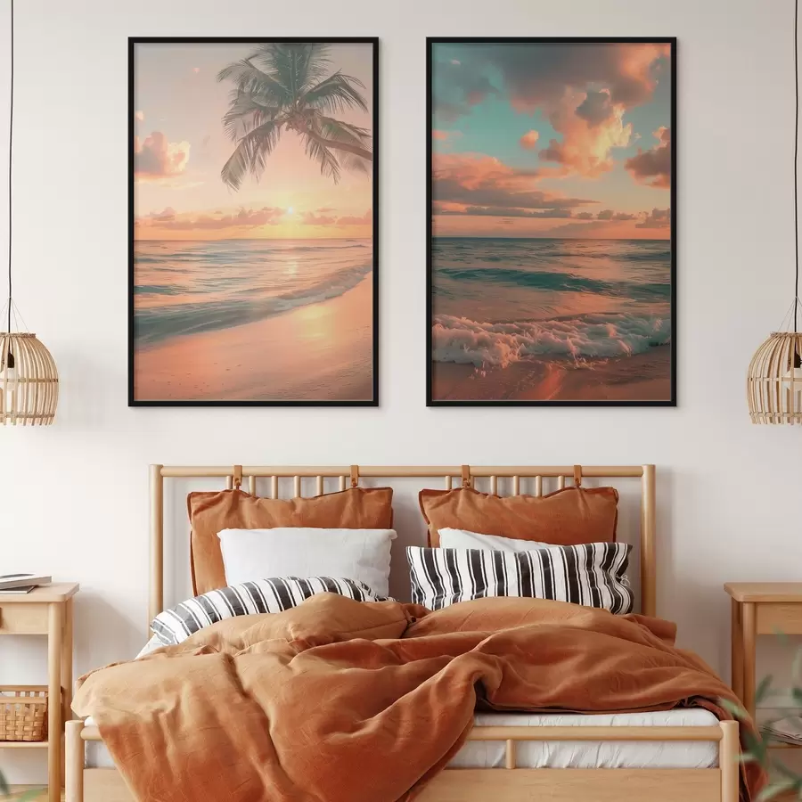 fotószőnyeg Naplemente a tengerparton, kilátással a hullámokra d00787