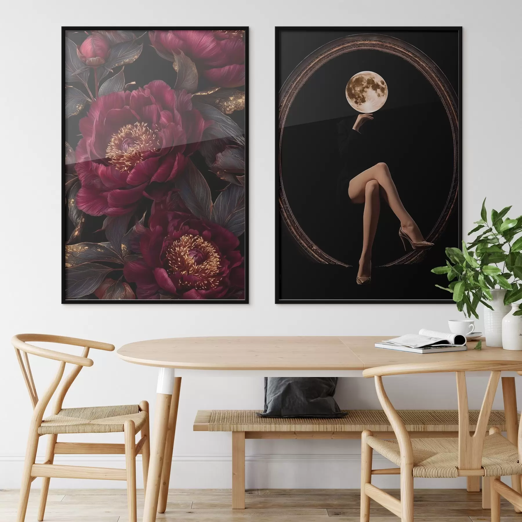 fotószőnyeg Burgundi pünkösdi rózsák és holdfejű sziluett fekete háttér előtt d00765