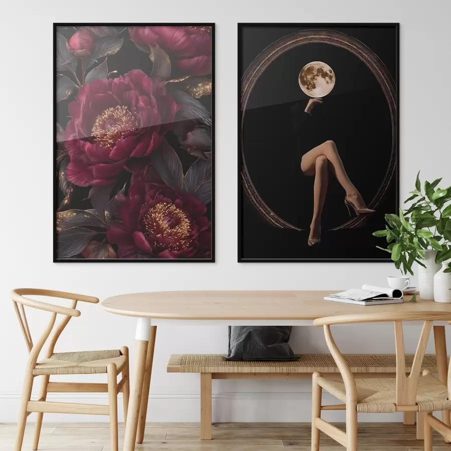 fotószőnyeg Burgundi pünkösdi rózsák és holdfejű sziluett fekete háttér előtt d00765