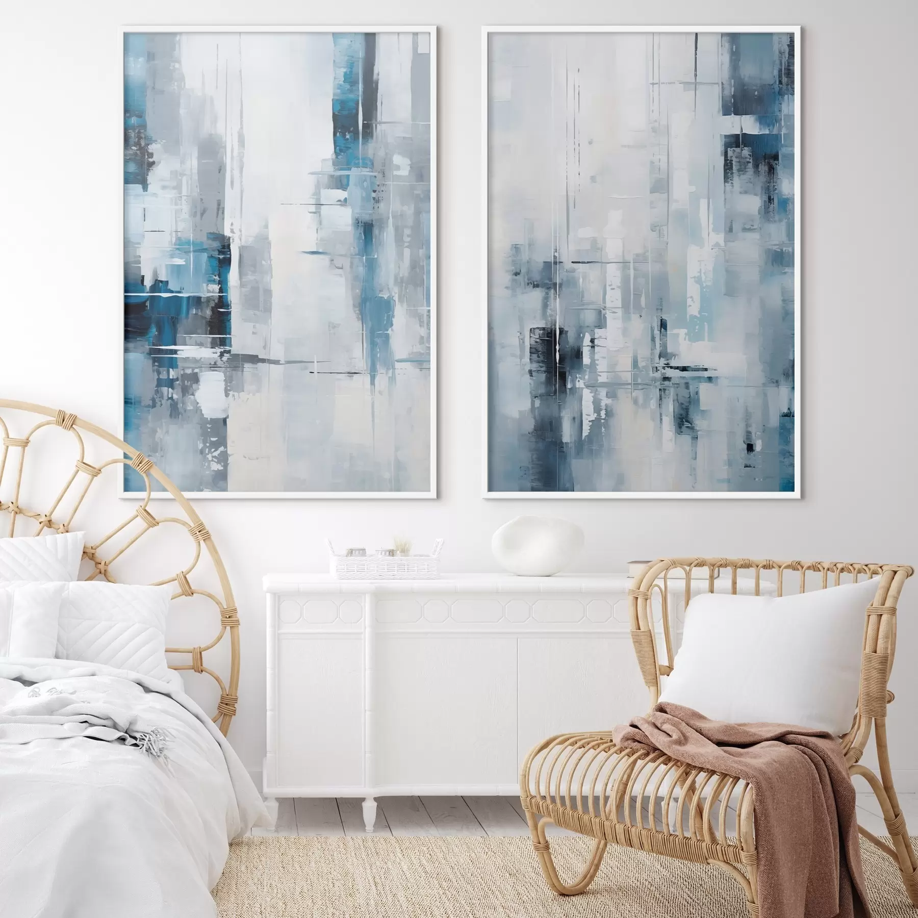 fotószőnyeg Absztrakt festmény utánzat kék, szürke és fehér színekkel, függőleges vonalakkal és geometriai alakzatokkal d00819