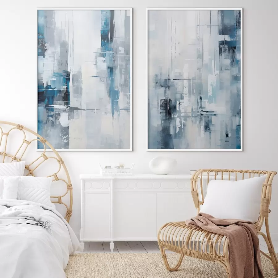 fotószőnyeg Absztrakt festmény utánzat kék, szürke és fehér színekkel, függőleges vonalakkal és geometriai alakzatokkal d00819