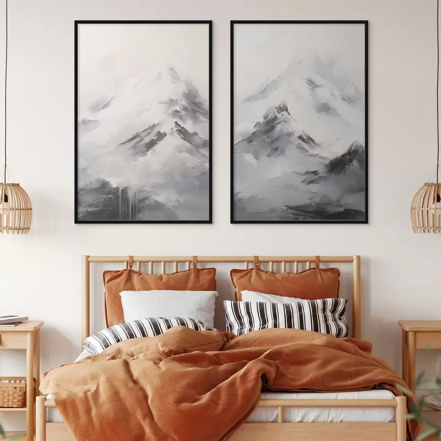 fotószőnyeg Havas hegycsúcsok szürke árnyékokkal, szürke ég, ecsetvonások, texturált, minimalista d00822