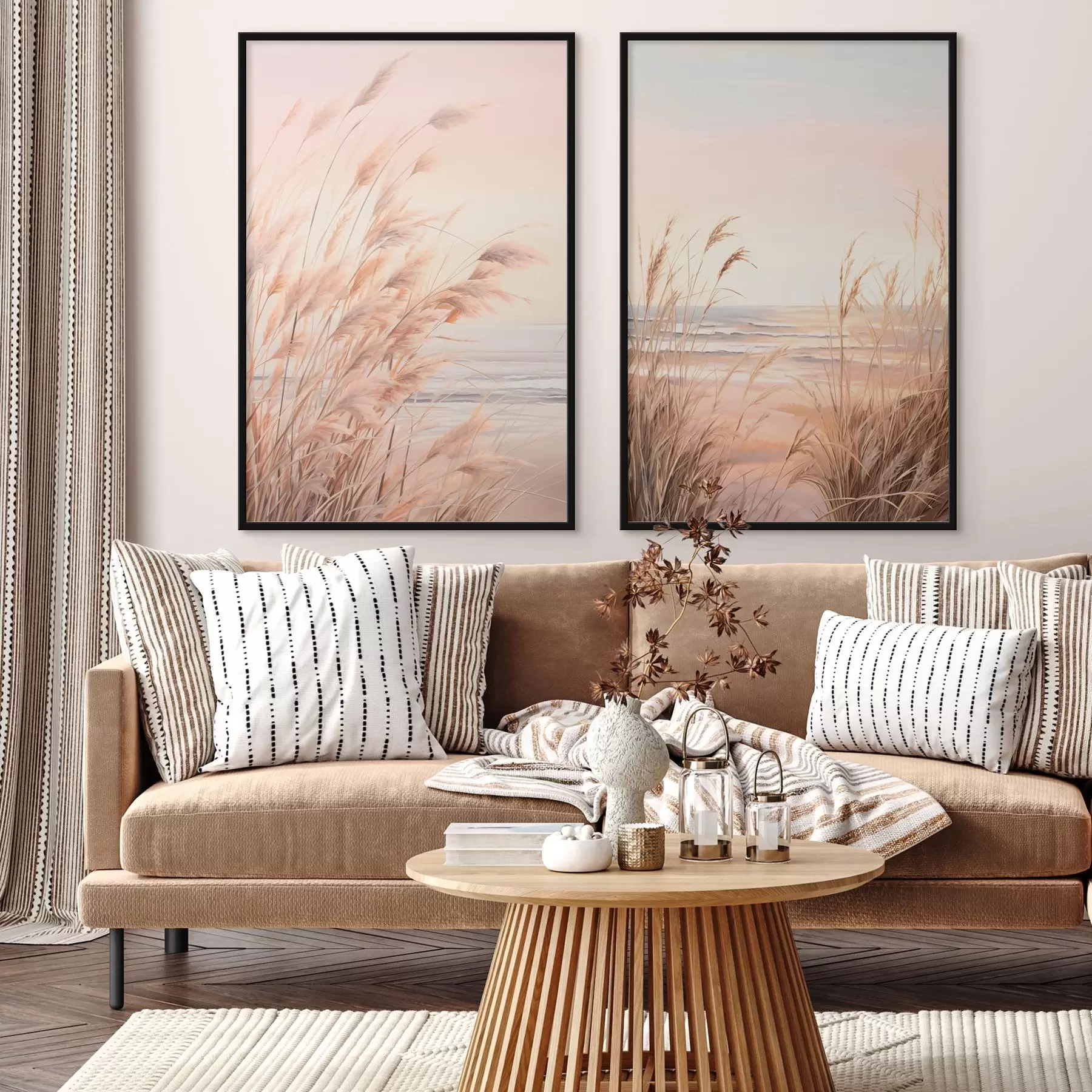 fotószőnyeg Pampas fű pasztell narancssárga színpalettával, világos rózsaszín égbolttal, nyugodt tájjal d00823