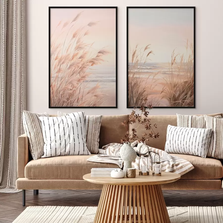 fotószőnyeg Pampas fű pasztell narancssárga színpalettával, világos rózsaszín égbolttal, nyugodt tájjal d00823