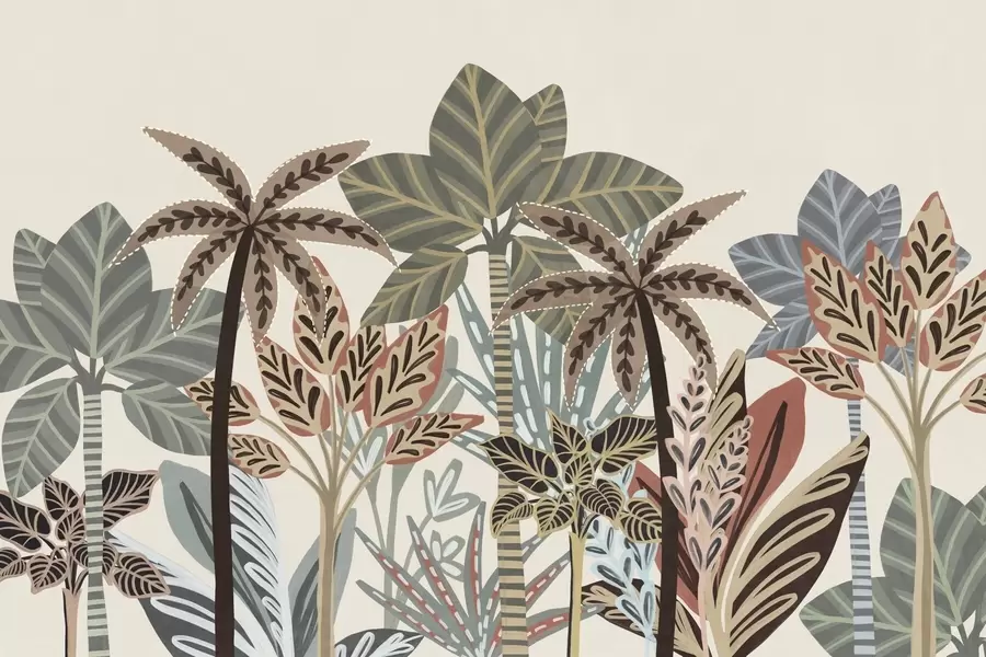 fotószőnyeg Texturált trópusi növények és pálmafák, tompított színekkel, dekoratív boho stílusban, krém színű háttér előtt w09639