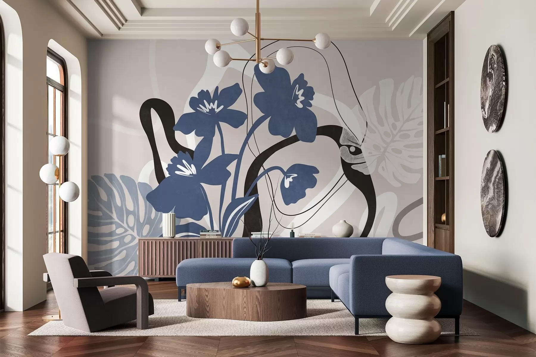 fotószőnyeg Absztrakt textúrájú kék virágok fehér és fekete formákkal világos bézs háttér előtt, minimalista művészet w09645