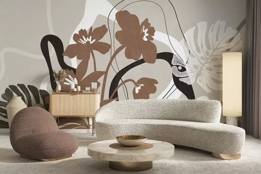 fotószőnyeg Absztrakt textúrájú barna virágok fehér és fekete formákkal bézs háttér előtt, minimalista művészet w09645v1