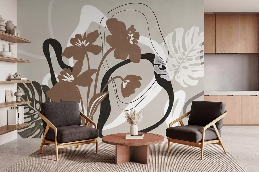 fotószőnyeg Absztrakt textúrájú barna virágok fehér és fekete formákkal bézs háttér előtt, minimalista művészet w09645v1