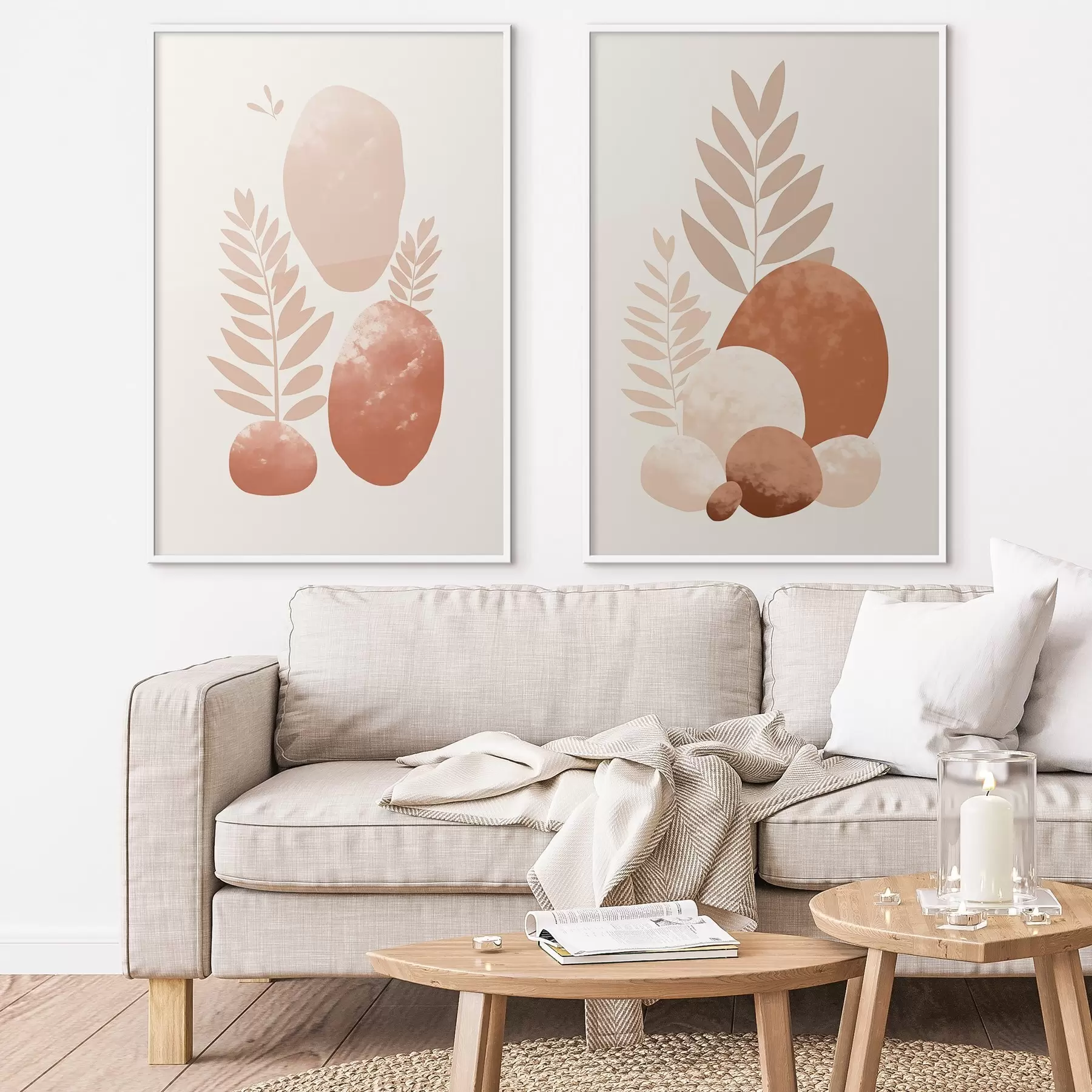 fotószőnyeg Absztrakt formák, texturált kövek és levelek halvány barack- és terrakotta árnyalatokban, minimalista, krém színű háttérrel. d01114