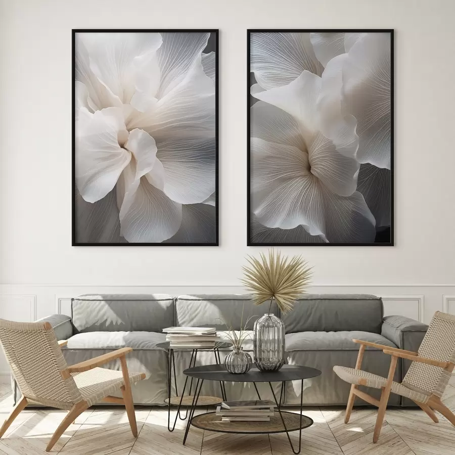 fotószőnyeg Közelkép finom, absztrakt fehér virágszirmokról, bonyolult vonalakkal és elmosódott sötét háttérrel d01117