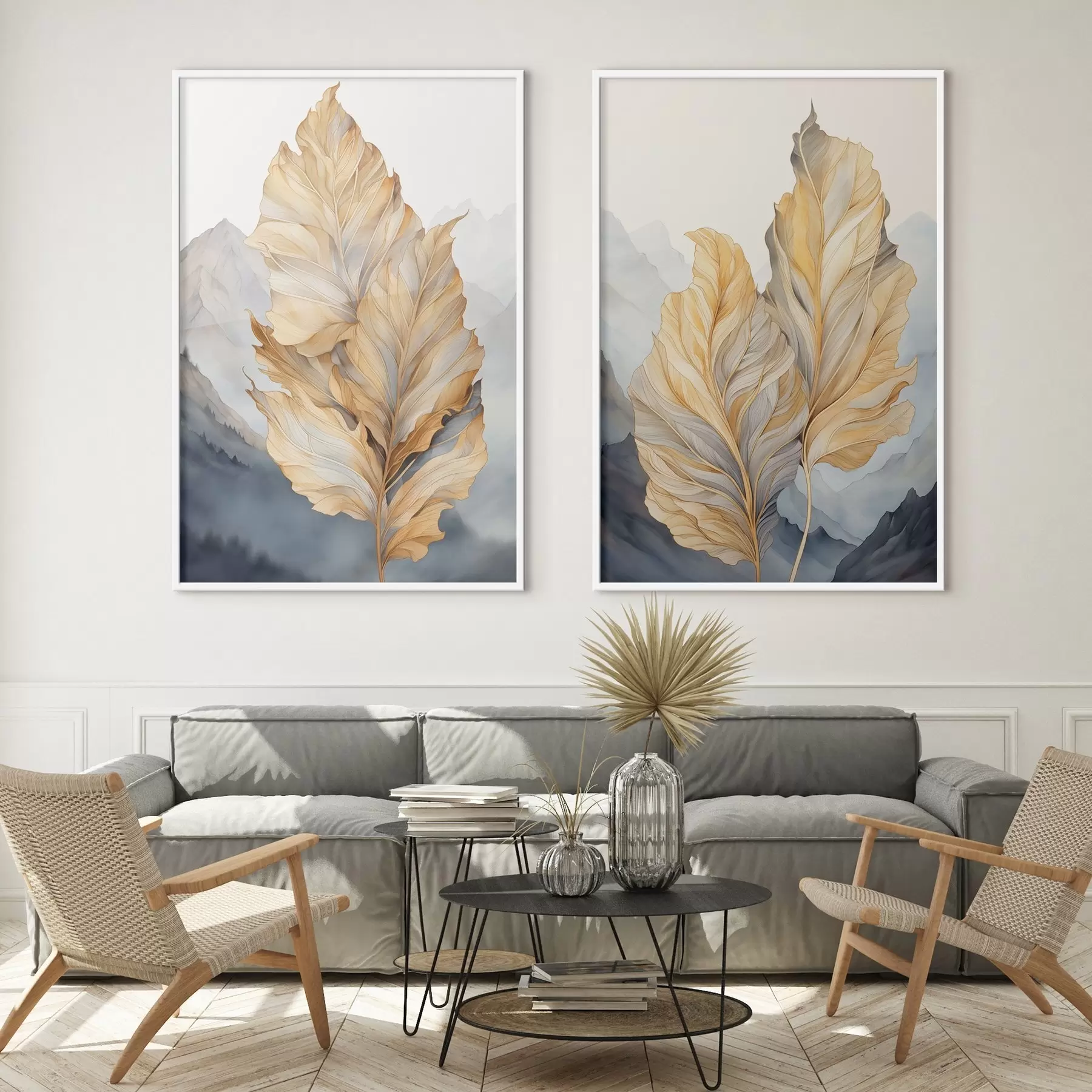 fotószőnyeg Absztrakt, nagy, sárga és barna levelek bonyolult részletekkel, hegyvidéki tájjal a háttérben d01119