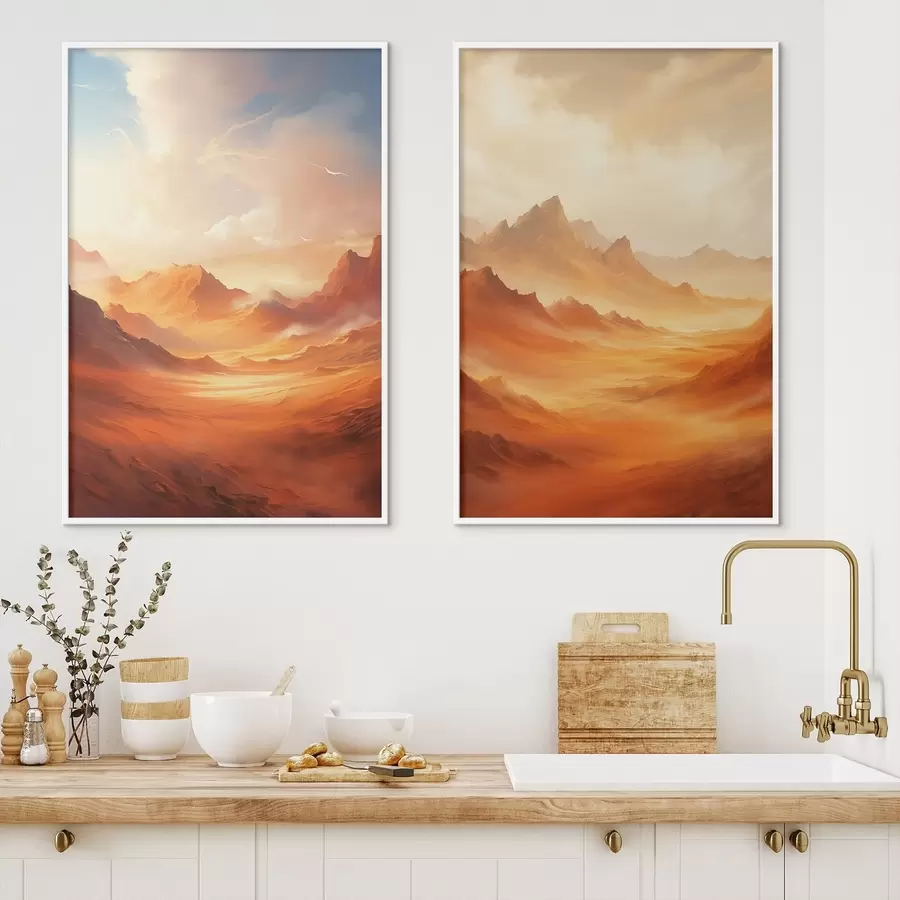 fotószőnyeg Hatalmas, narancssárga sivatagi táj, magas, sziklás hegyekkel, ködös, napsütötte égbolton, vékony felhőkkel. d01122