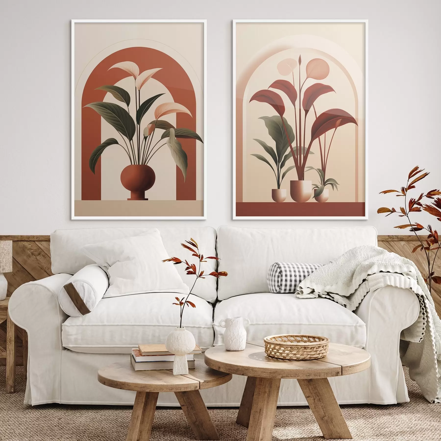 fotószőnyeg Absztrakt cserepes növények nagy zöld és piros levelekkel egy krém színű boltív előtt d01124