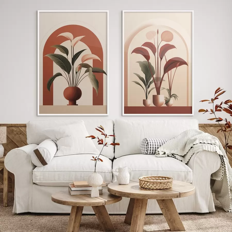 fotószőnyeg Absztrakt cserepes növények nagy zöld és piros levelekkel egy krém színű boltív előtt d01124