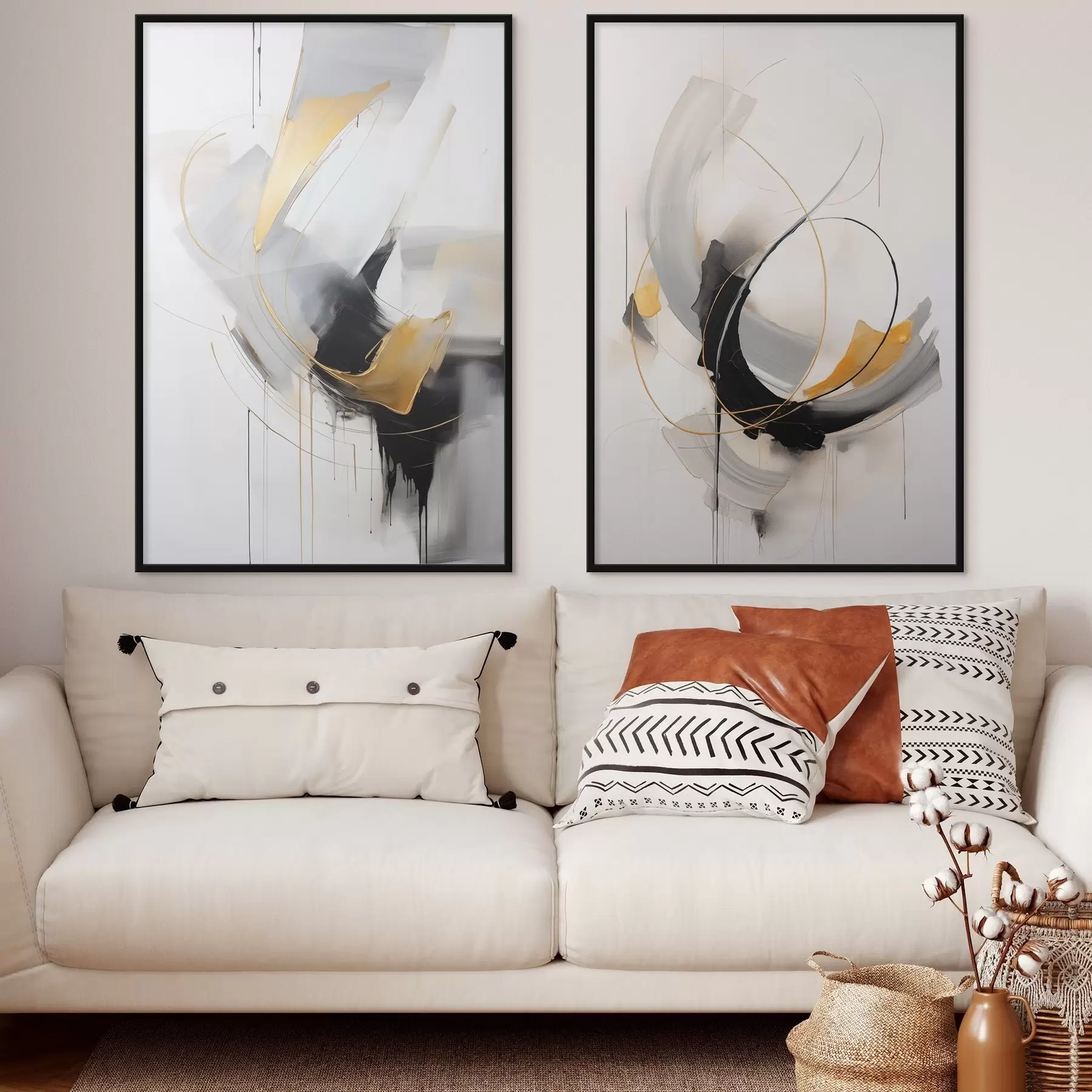 fotószőnyeg Absztrakt festmény sárga, fekete és fehér ecsetvonásokkal, dinamikus vonalakkal d01125