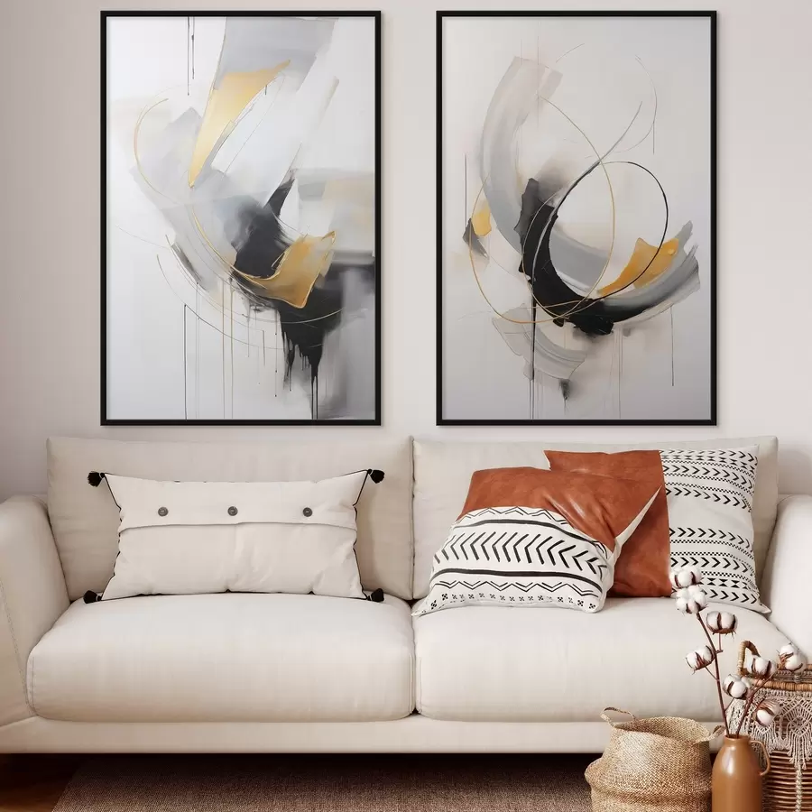 fotószőnyeg Absztrakt festmény sárga, fekete és fehér ecsetvonásokkal, dinamikus vonalakkal d01125