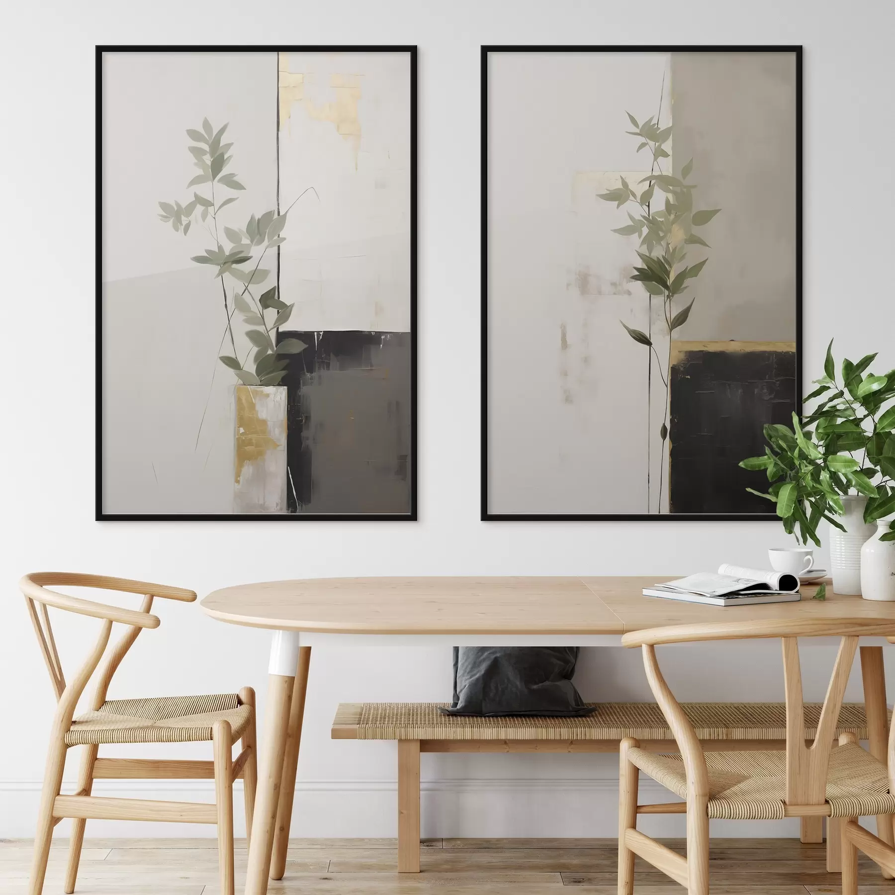 fotószőnyeg Minimalista textúrájú festmény, amelyen egy vázát és zöld leveleket ábrázolnak absztrakt geometriai alakzatok háttérében. d01126