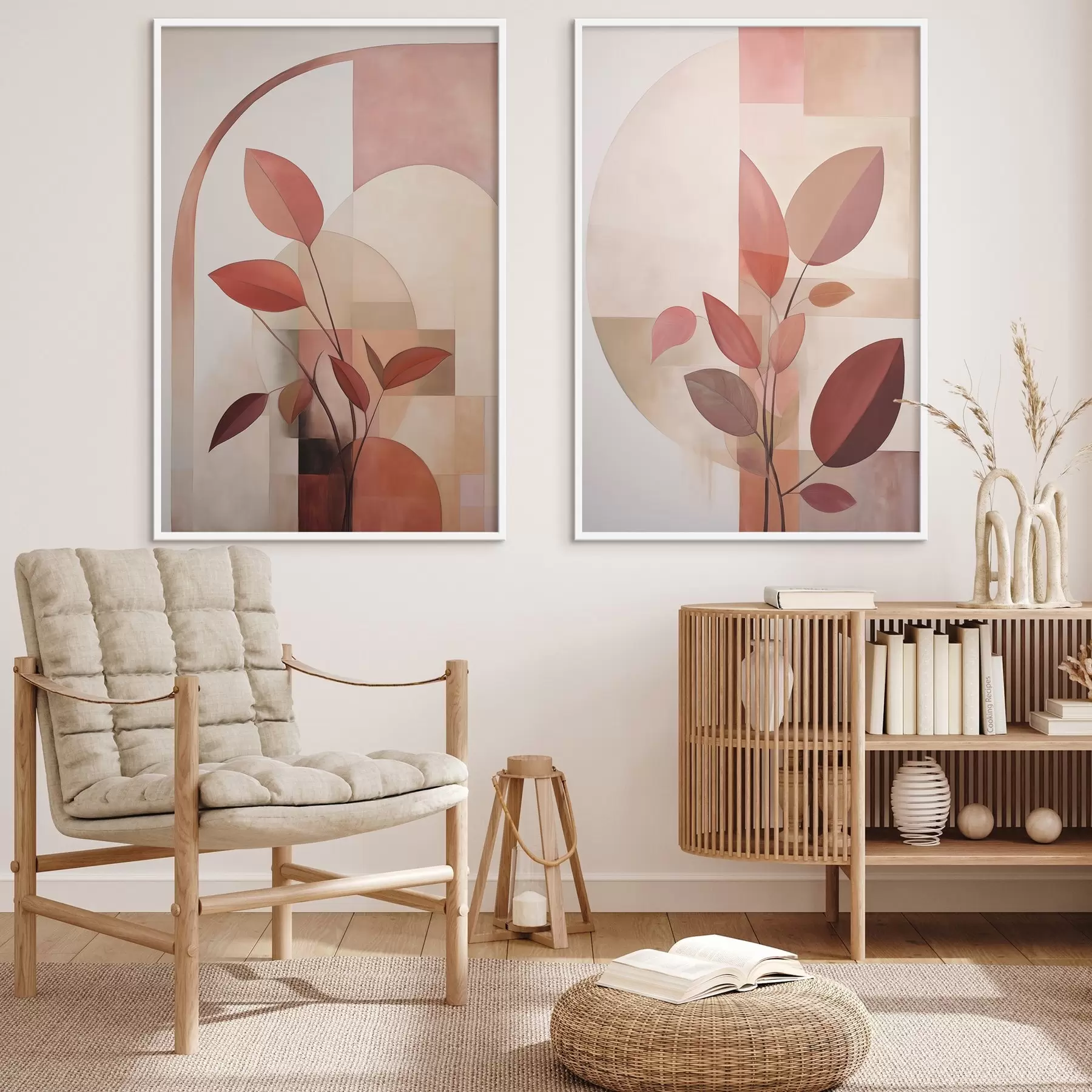 fotószőnyeg Absztrakt növény vörös levelekkel, geometrikus formák és lágy, tompított színekkel a háttérben d01128