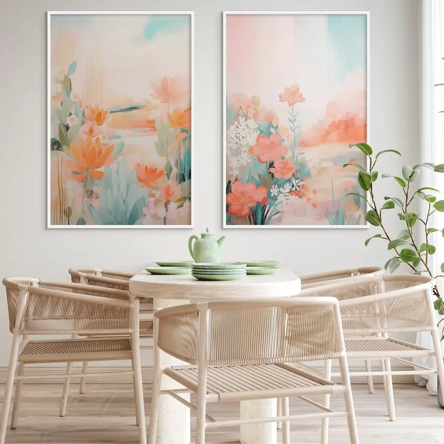 fotószőnyeg Pasztell tónusú virágmotívumok egy könnyű ködös völgy hátterében d01085