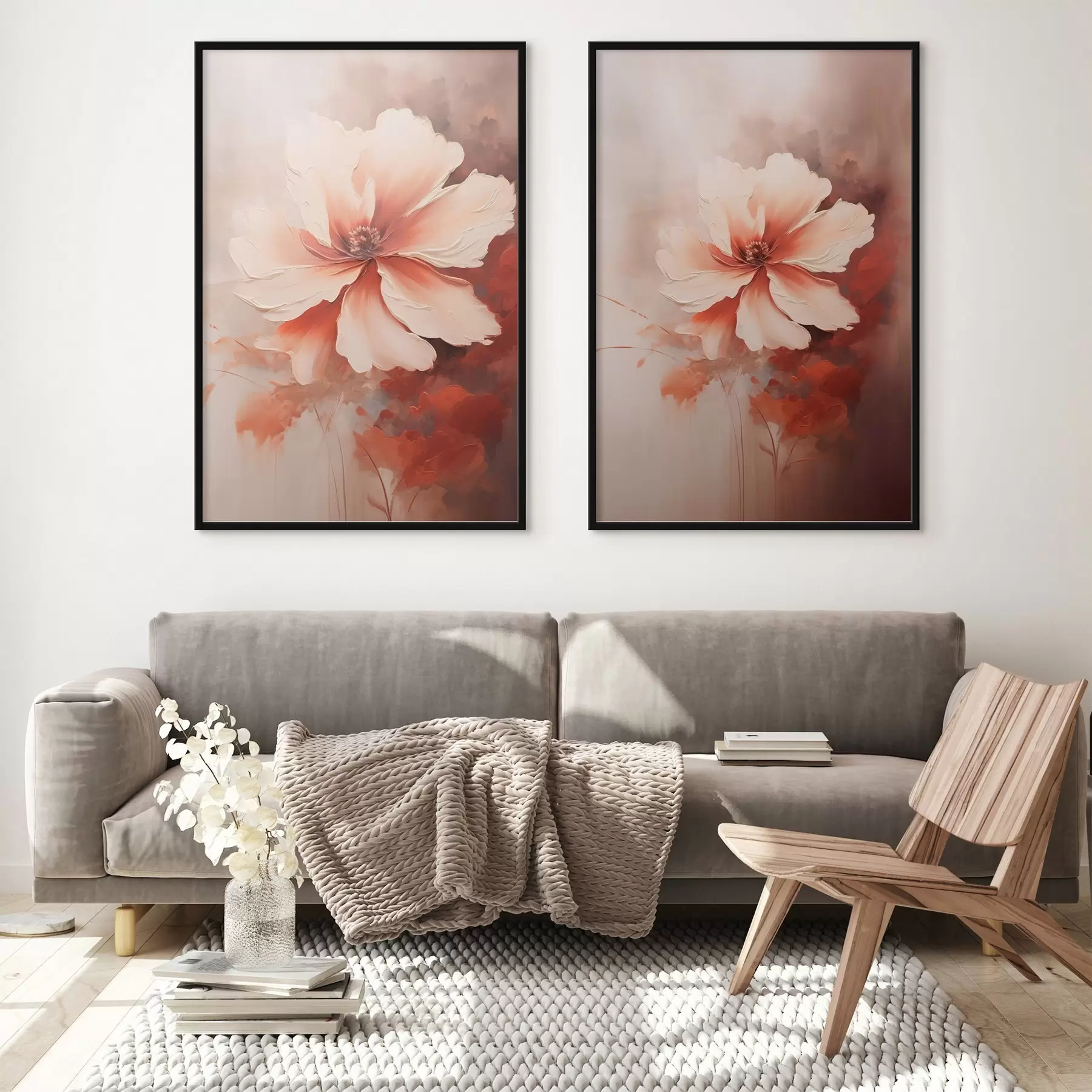 fotószőnyeg Virágkompozíció: fehér és krém színű szirmok, korall színű díszítések és lágy, ködös háttér d01088