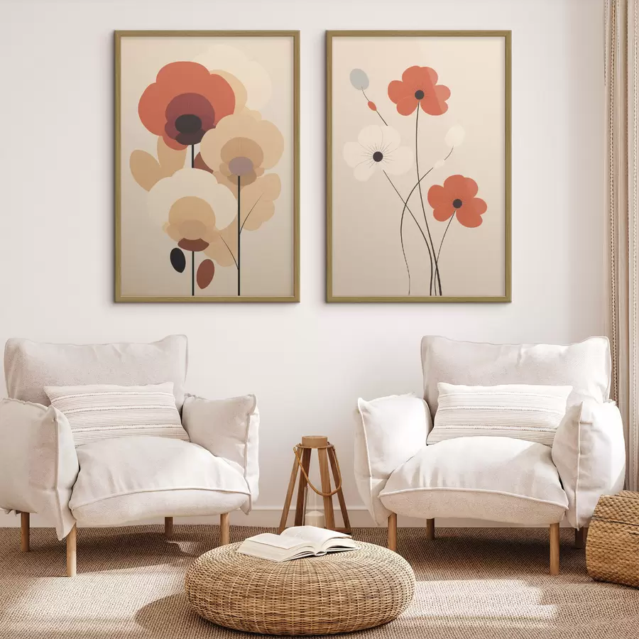 fotószőnyeg Minimalista virágos diptichon meleg bézs-korall árnyalatokban, grafikus vonalakkal d01090