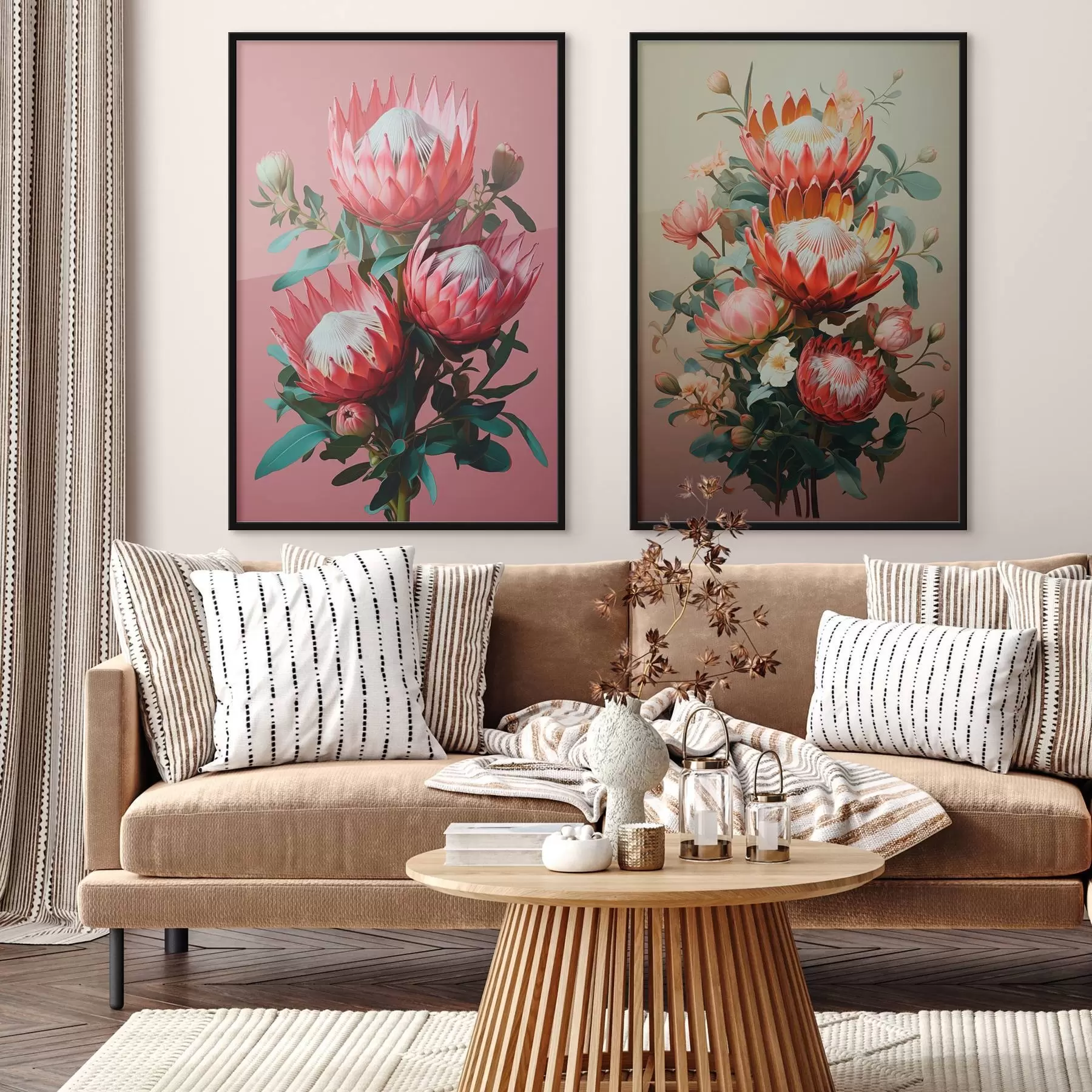 fotószőnyeg Proteák két hangulatban: gazdag rózsaszín háttér és meleg olíva színátmenet d01092