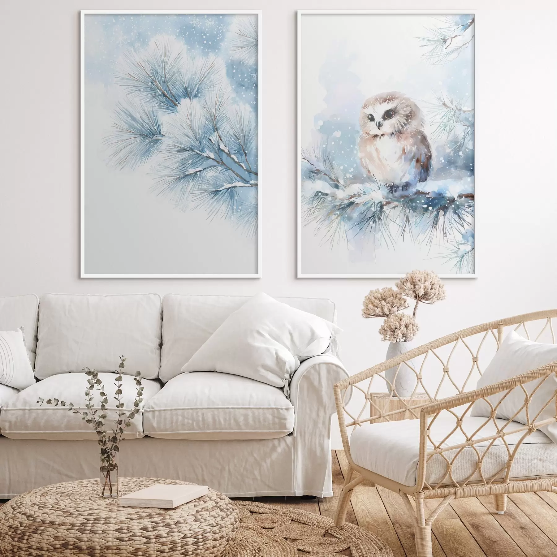 fotószőnyeg cuki bagoly egy hóval borított fenyőágon, akvarell stílusban d01168