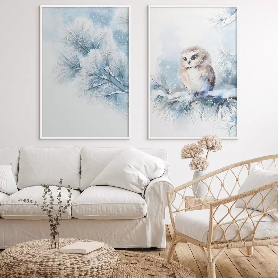 fotószőnyeg cuki bagoly egy hóval borított fenyőágon, akvarell stílusban d01168