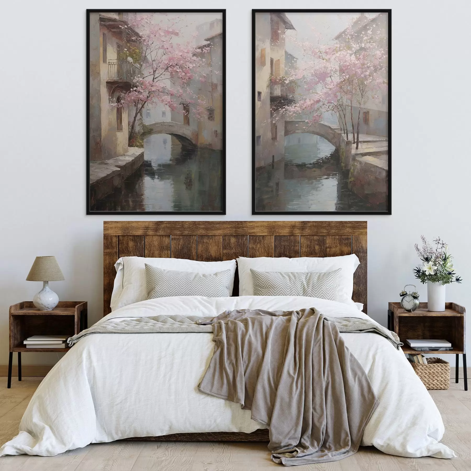 fotószőnyeg romantikus városi tájkép virágzó fával, olajfestmény stílusban d01173