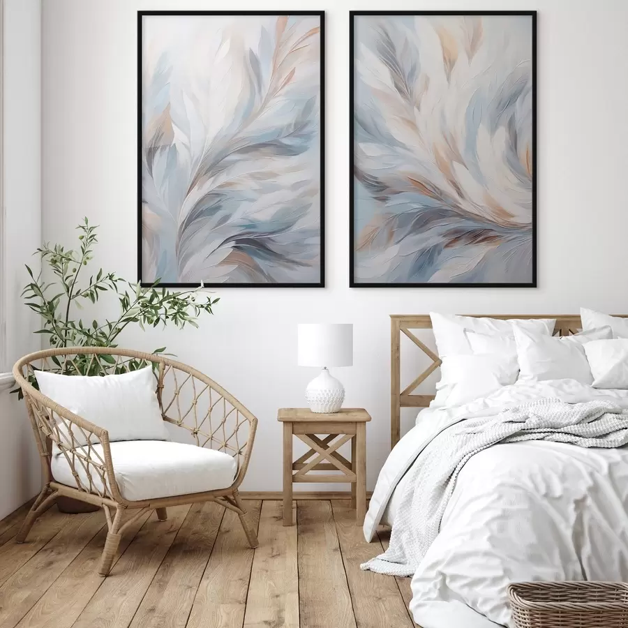 fotószőnyeg Absztrakt festmény fehér, kék és barna árnyalatú tollakról, puha, áramló textúrával és világos háttérrel. d01234