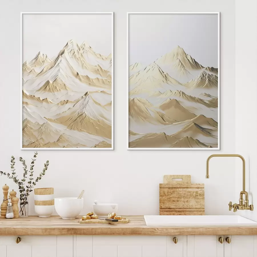 fotószőnyeg Sárga, hófedte hegyek, éles csúcsokkal és mély völgyekkel, világos ég alatt d01236