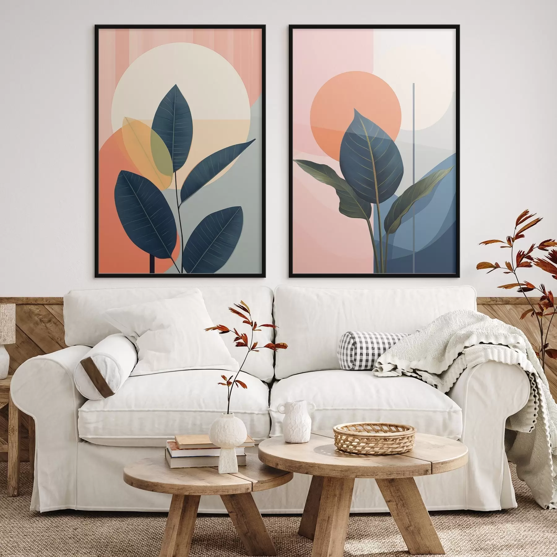 fotószőnyeg Sötét levelek absztrakt formákkal tarkított barack- és szürkés háttér előtt, nagy, halványsárga körrel d01238