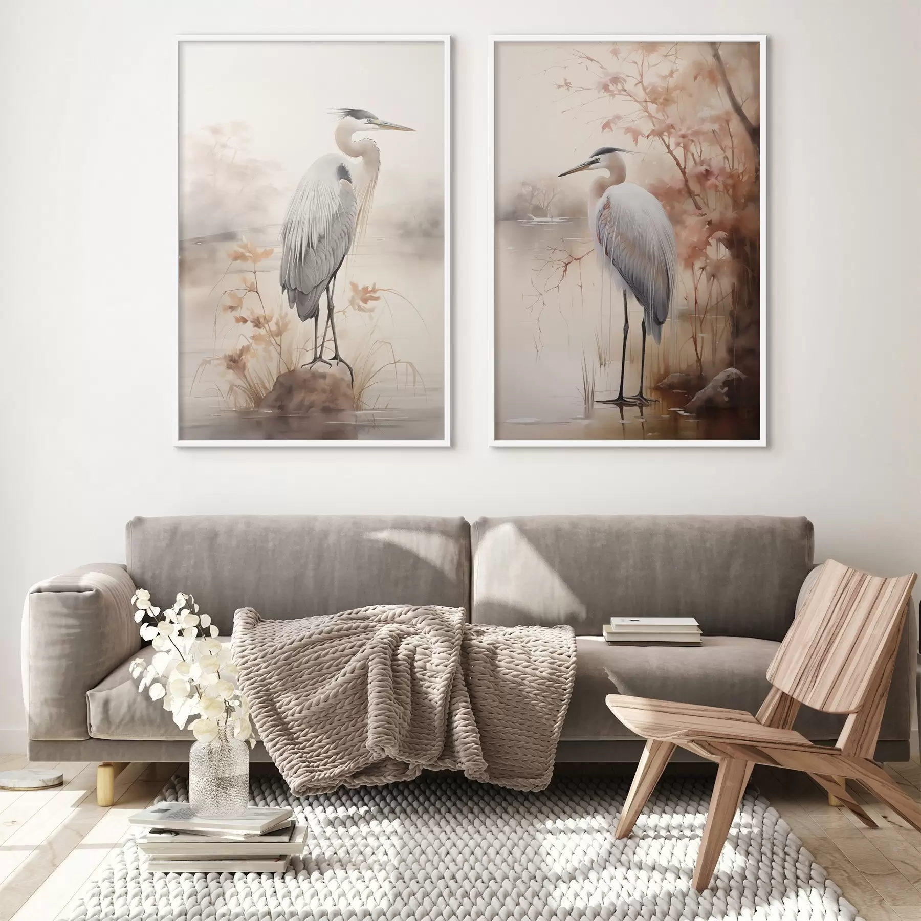 fotószőnyeg Egy gém áll egy sziklán egy tóban, magas fű és fákkal a háttérben. d01239