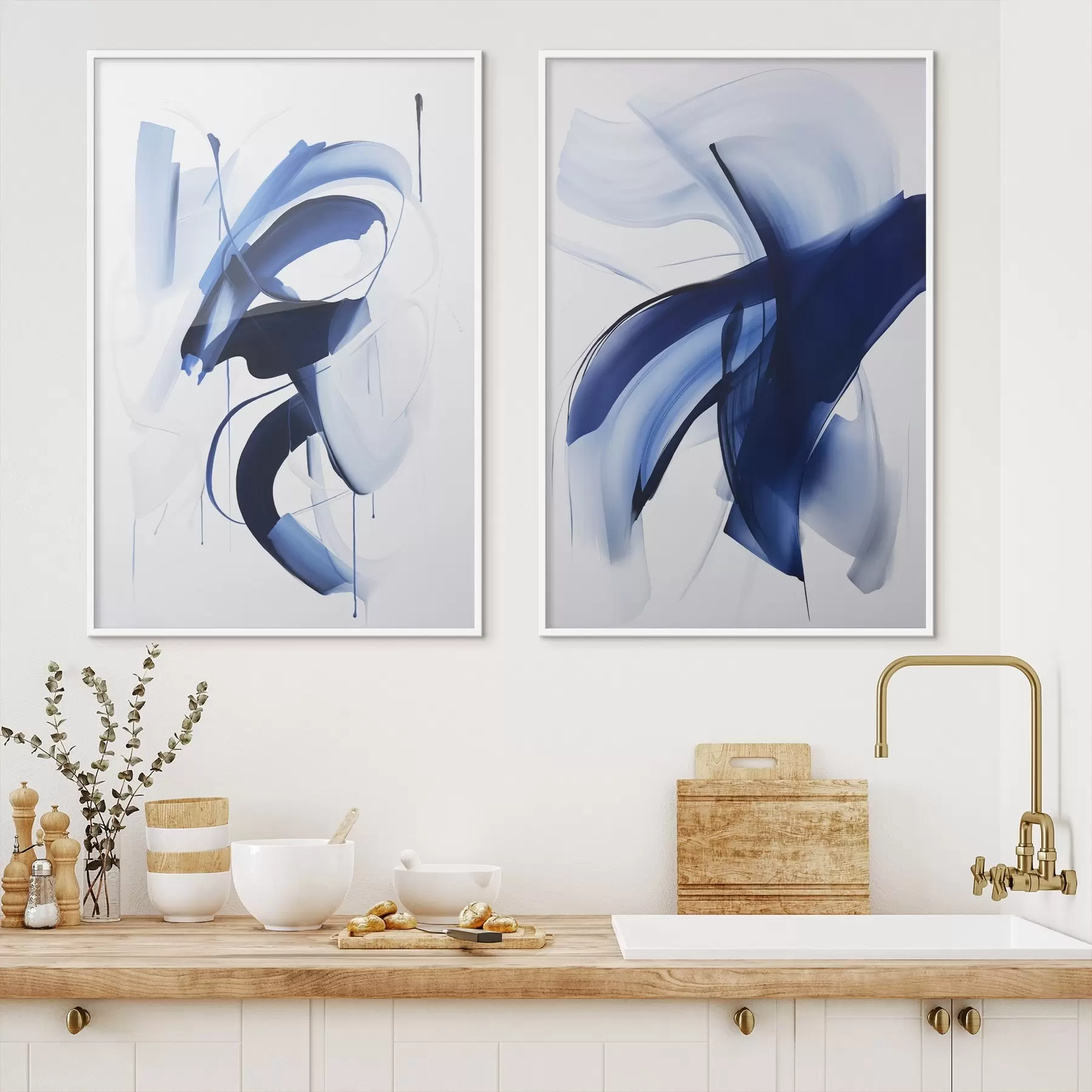 fotótapéta Absztrakt kék ecsetvonás-szerű formák folyékony vonalakkal és görbékkel fehér háttér előtt, modern művészet d01240