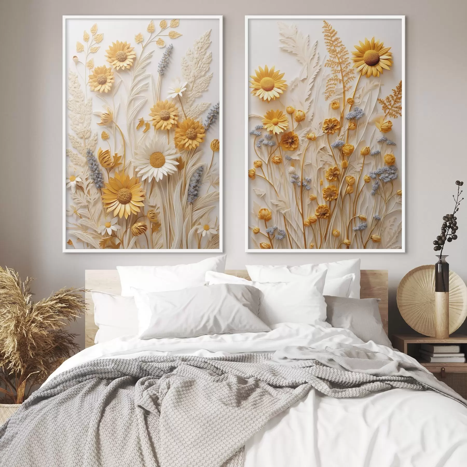 fotószőnyeg Sárga és fehér margaréták texturált gyűjteménye, szárított fűvel és levendula ágacskákkal fehér háttér előtt. d01241