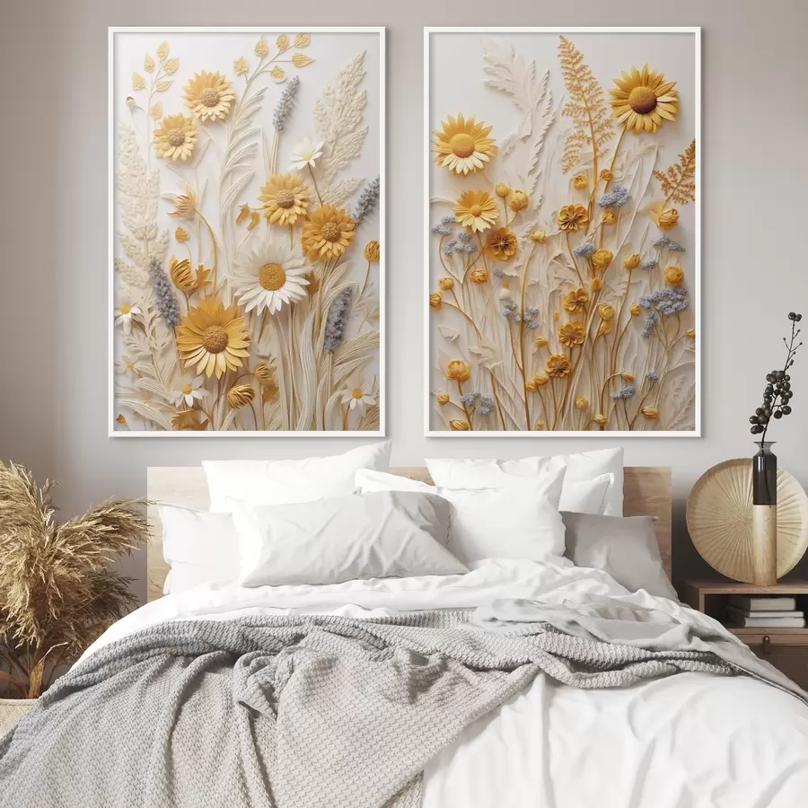 fotószőnyeg Sárga és fehér margaréták texturált gyűjteménye, szárított fűvel és levendula ágacskákkal fehér háttér előtt. d01241