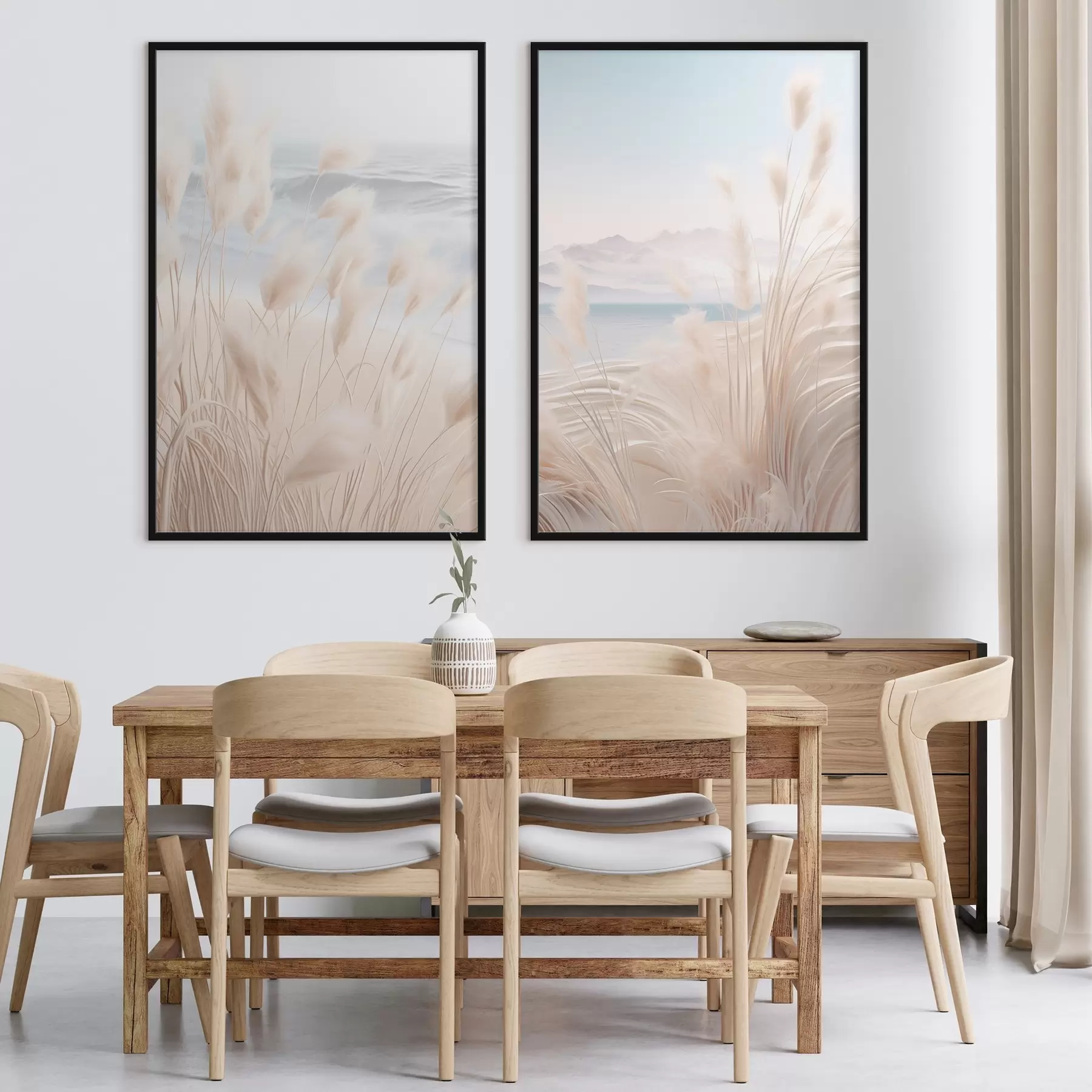 fotószőnyeg Magas, tollas pampas fű lágy bézs árnyalatokban az előtérben, homokos stranddal a háttérben d01242
