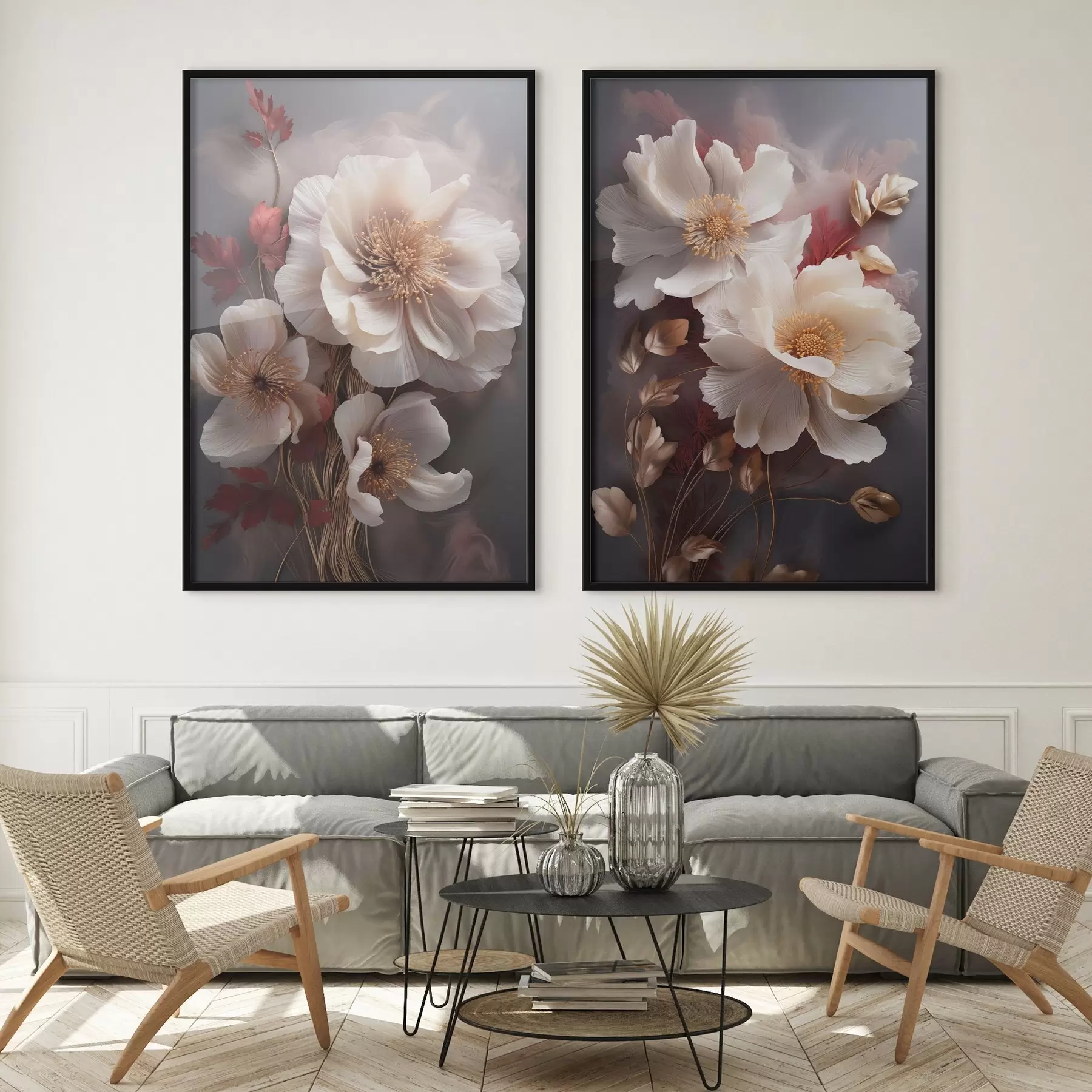 fotószőnyeg Finom pünkösdi rózsák vékony, szálas szirmokkal, sötétvörös és sárga levelekkel körülvéve, absztrakt háttér előtt d01243