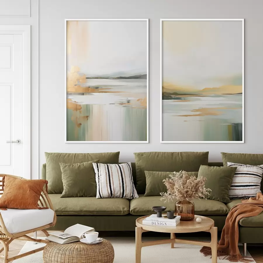 fotószőnyeg Absztrakt táj sárga és zöld árnyalatokkal, az eget és a távoli hegyeket tükröző víz, halvány, ködös égbolt d01245