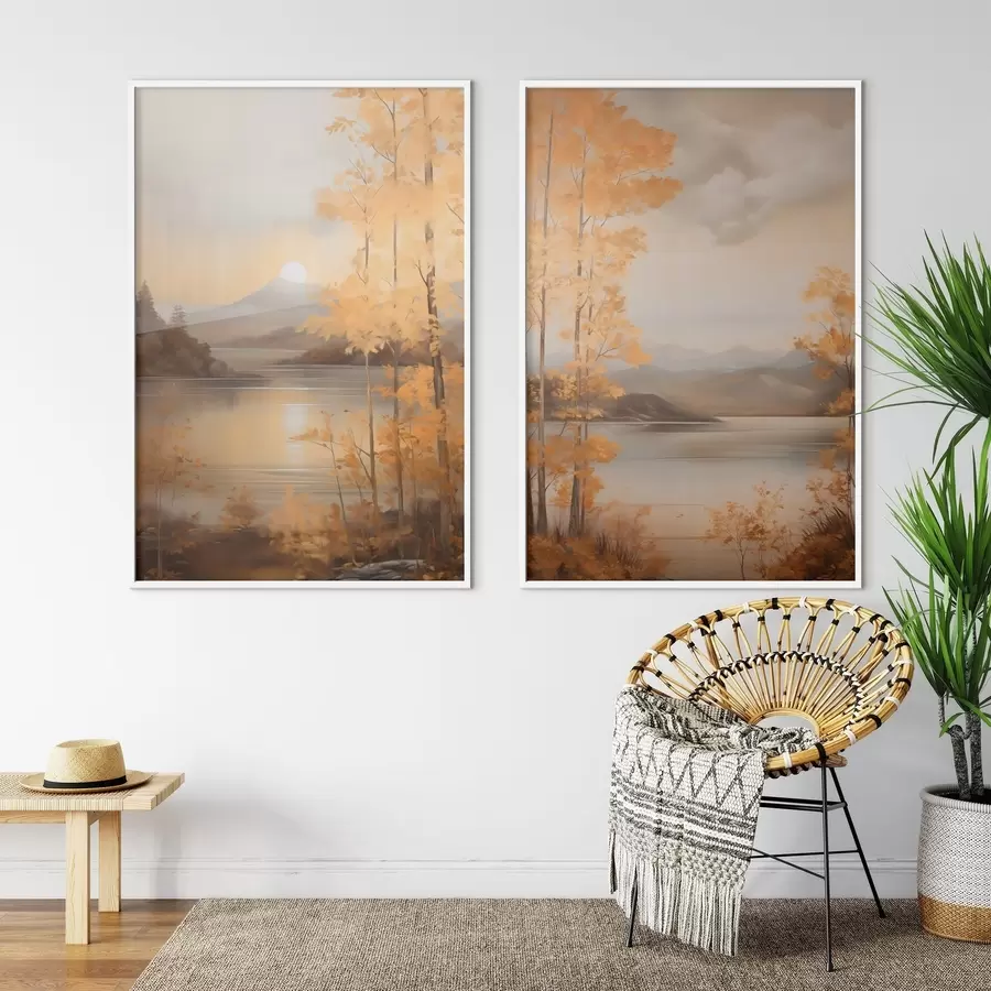 fotószőnyeg Őszi textúrájú, narancssárga levelű fák keretezik a nyugodt tavat, amelynek túlsó partján a felhős ég alatt távoli hegyek láthatók. d01246