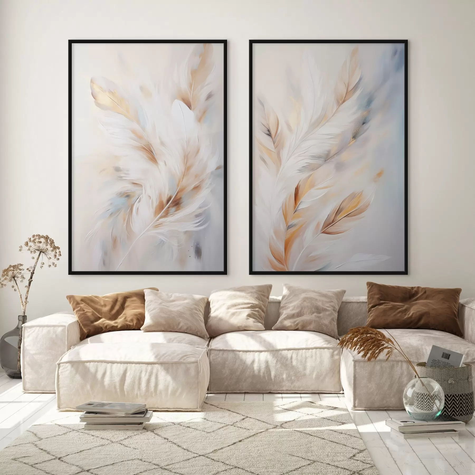 fotószőnyeg Nagy, puha tollak fehér, sárga és barna árnyalatokkal, világos, absztrakt háttér előtt. d01247