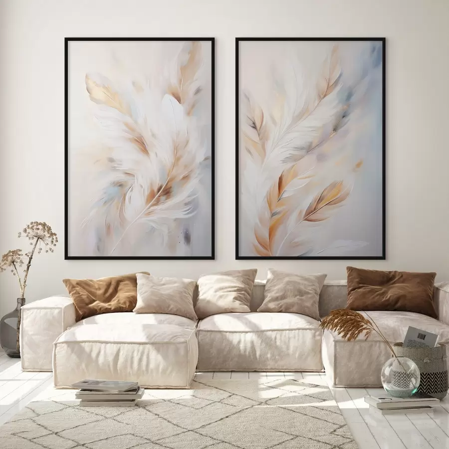 fotószőnyeg Nagy, puha tollak fehér, sárga és barna árnyalatokkal, világos, absztrakt háttér előtt. d01247