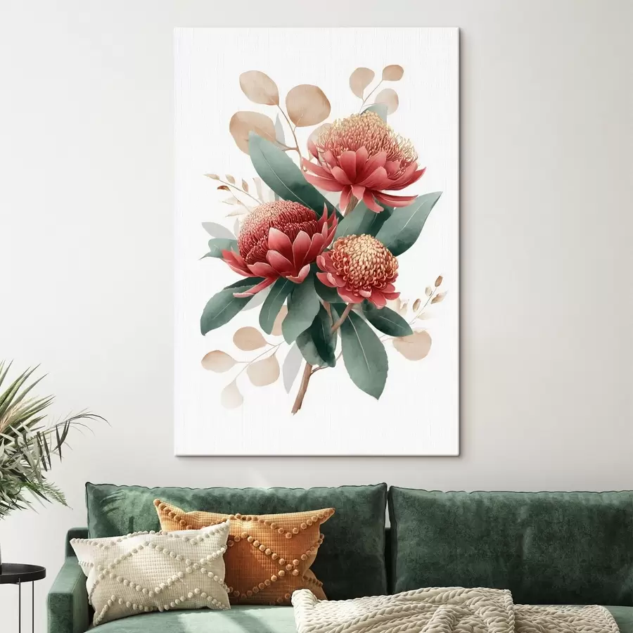 fotótapéta Kifejező protea csokor és dekoratív lombozat modern művészeti illusztrációs stílusban s46954
