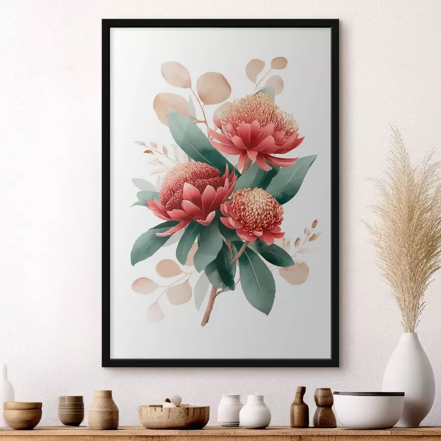 fotószőnyeg Kifejező protea csokor és dekoratív lombozat modern művészeti illusztrációs stílusban f46954